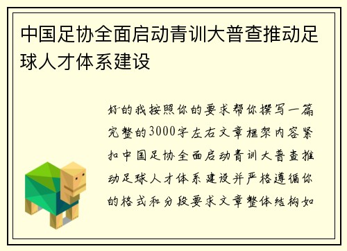 中国足协全面启动青训大普查推动足球人才体系建设 中国足协全面启动青训大普查推动足球人才体系建设