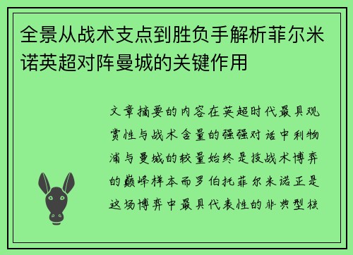 全景从战术支点到胜负手解析菲尔米诺英超对阵曼城的关键作用